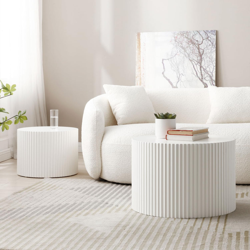 JUSTONE 2-Piece Nesting Coffee Tables Set - Modern Drum End Tables for Small Spaces, White Round Accent Furniture for Living Room & Apartments (15.75' H)