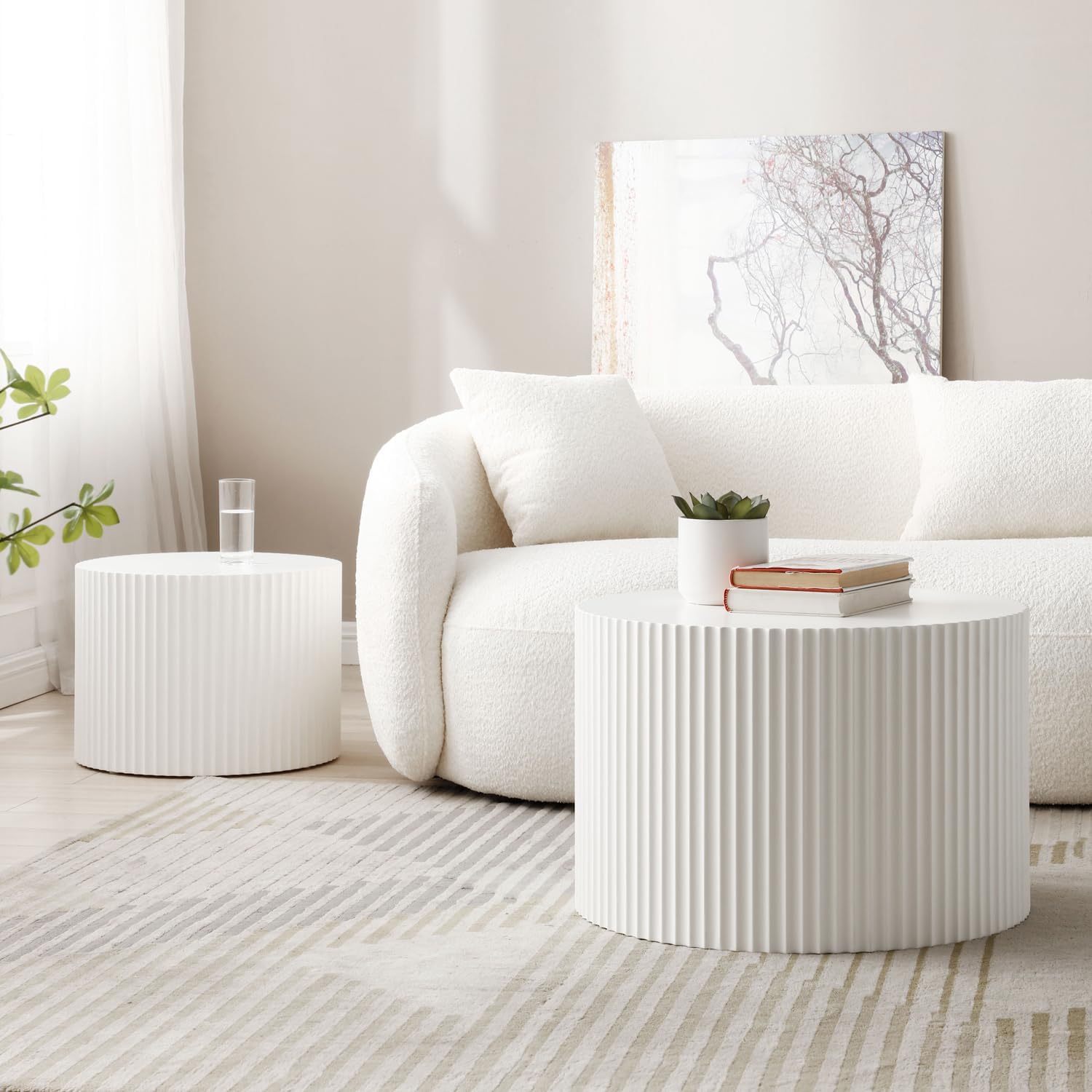 JUSTONE 2-Piece Nesting Coffee Tables Set - Modern Drum End Tables for Small Spaces, White Round Accent Furniture for Living Room & Apartments (15.75' H)