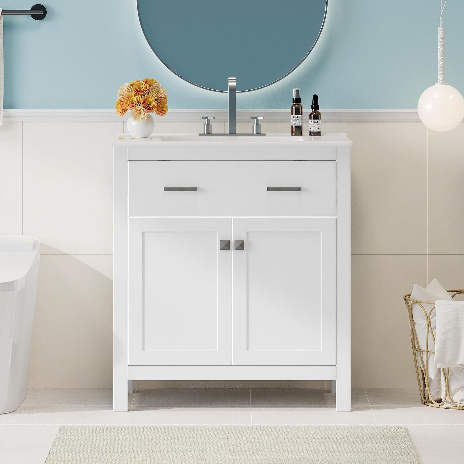 Merax 30' Modern Single Bathroom Vanity Set with Ceramic Sink, Freestanding Wood Frame Bathroom Storage Cabinet with a Flip-Out Drawer & 2 Doors & a Shelf, White