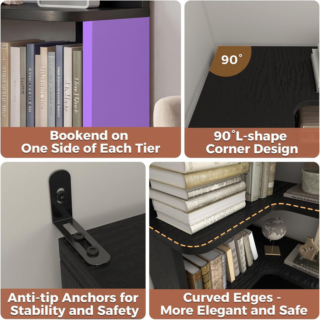 Besiost Corner Book Shelf, 7-Shelf Corner Bookshelf for Small Corner Spaces, L-Shape Bookcase Corner Display Shelf for Home Office, Living Room, Bedroom, Kitchen Pantry, Black
