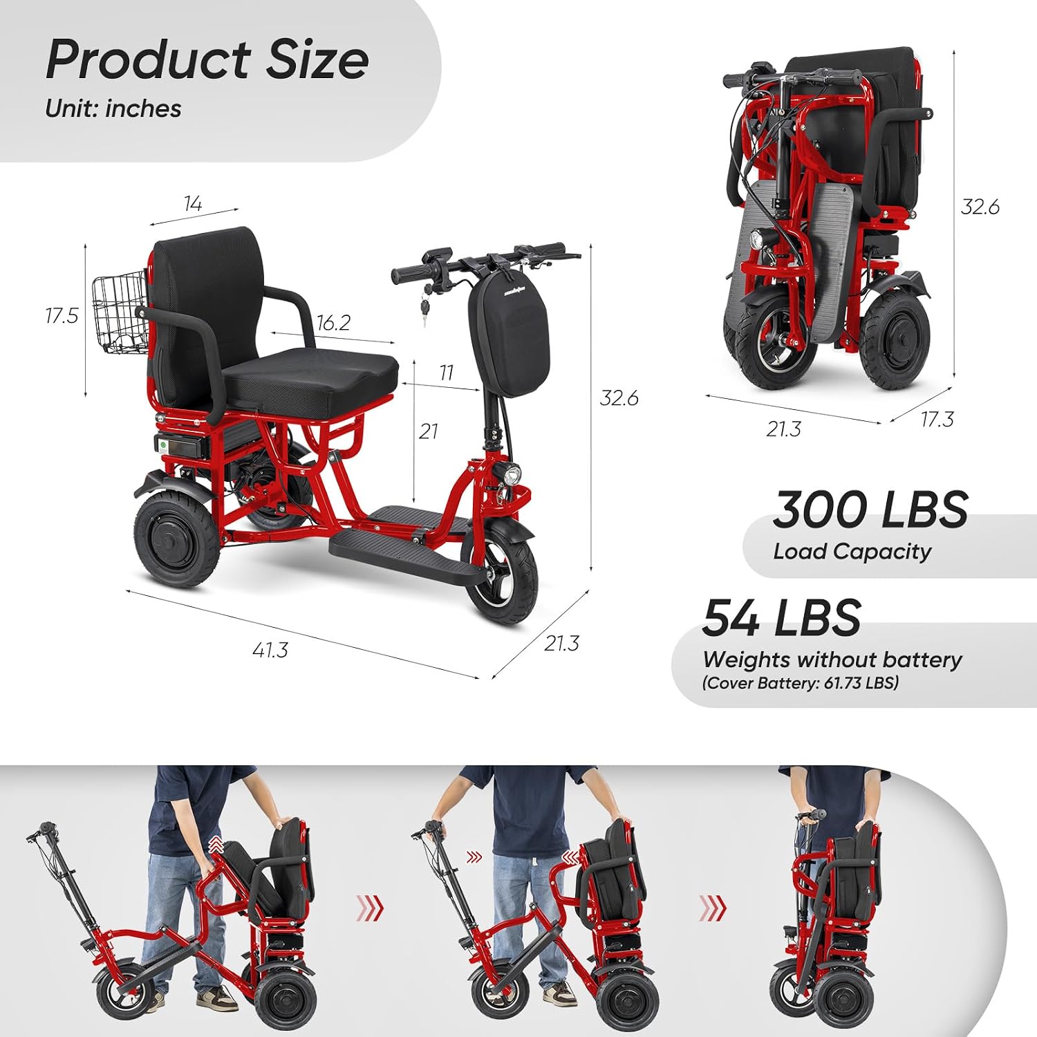 3 Wheel Mobility Scooters for Seniors Foldable Travel Scooter Airline Approved Folding Handicap Scooters for Adults Lightweight Collapsible Electric Mobility Scooter Adults 300 lbs