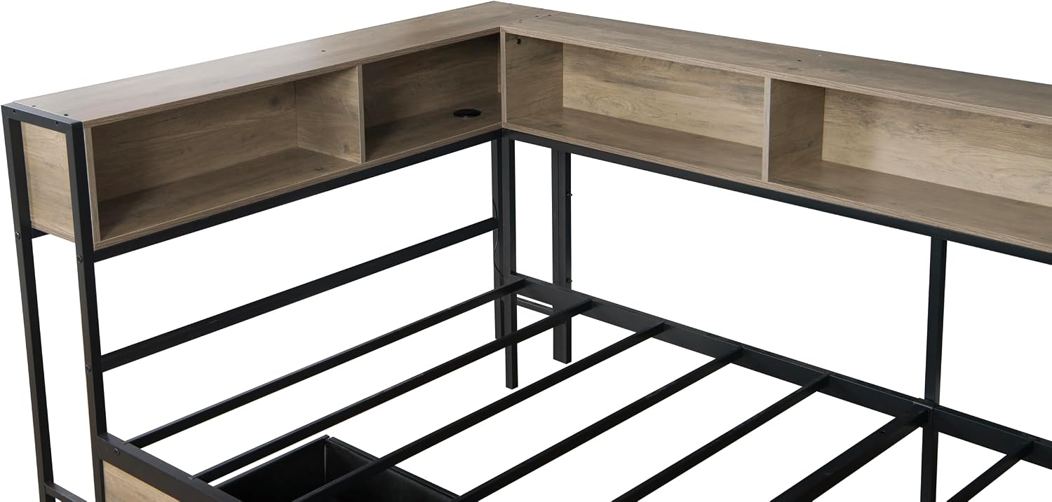 Twin Size Corner Daybed Frame with 5 Storage Shelves, Desk, 2 Drawers, Charging Station and LED Light, Metal Vintage Sofa Bed Frame for Livng Room, Bedroom, No Box Spring Needed, Grey