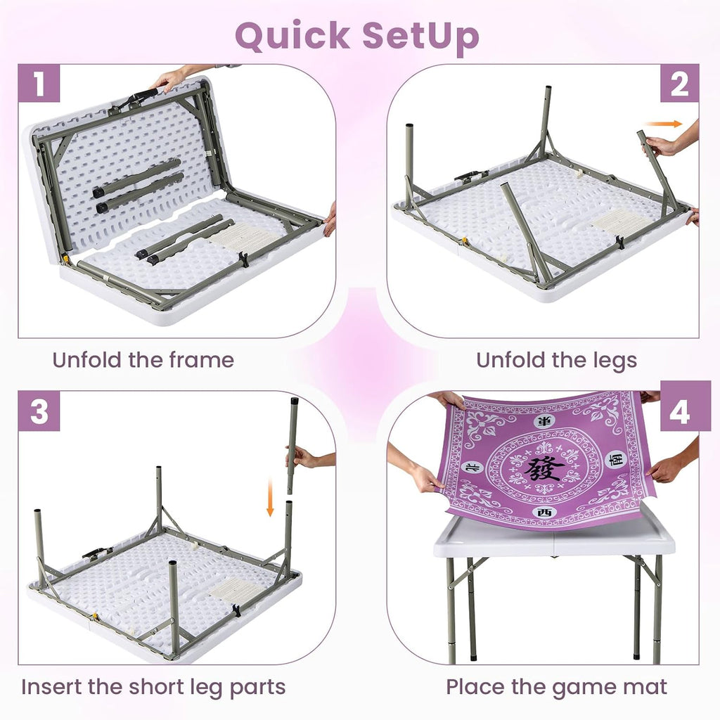 Goplus Mahjong Table, 35' Square Folding Card Table w/4Cup Holders, Anti Slip Mat, HDPE Tabletop, Metal Legs, Portable Mahjong Game Table for Domino Game, Picnic (Pink, Table w/Removable Mat)