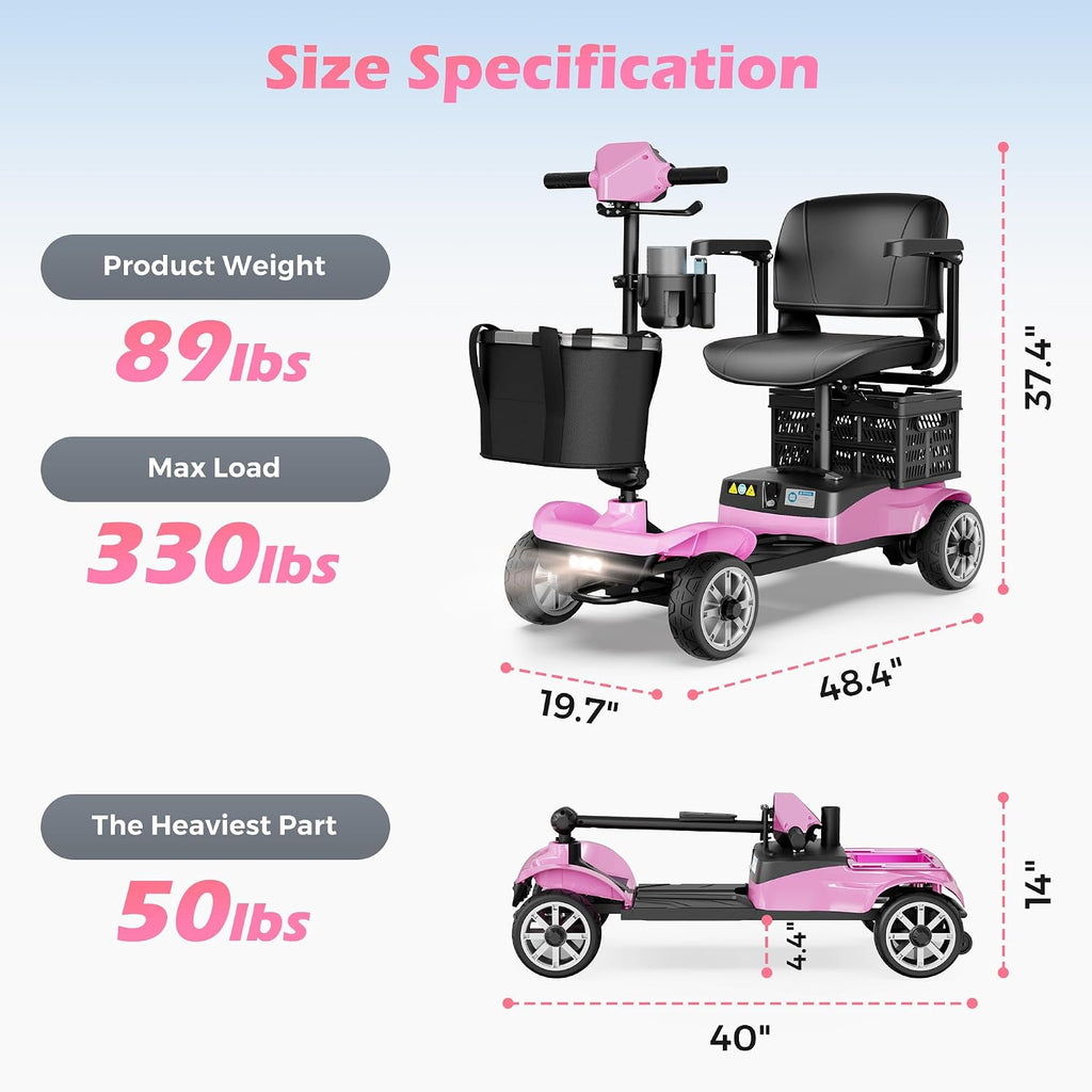 Mobility Scooter for Adults & Seniors with Removable Battery, Cruise & Airport Approved, Foldable Motorized Scooters with Dual Basket, Phone & Cup Holder, Pink
