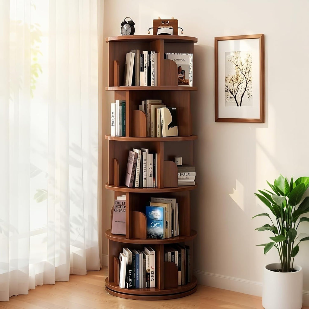 5 Tier Rotating Bookshelf, 360° Display Spinning Corner Book Shelf Tower, Narrow Tall Bookshelves, Small Revolving Bookcase, Wooden Book Shelf Standing Storage Rack