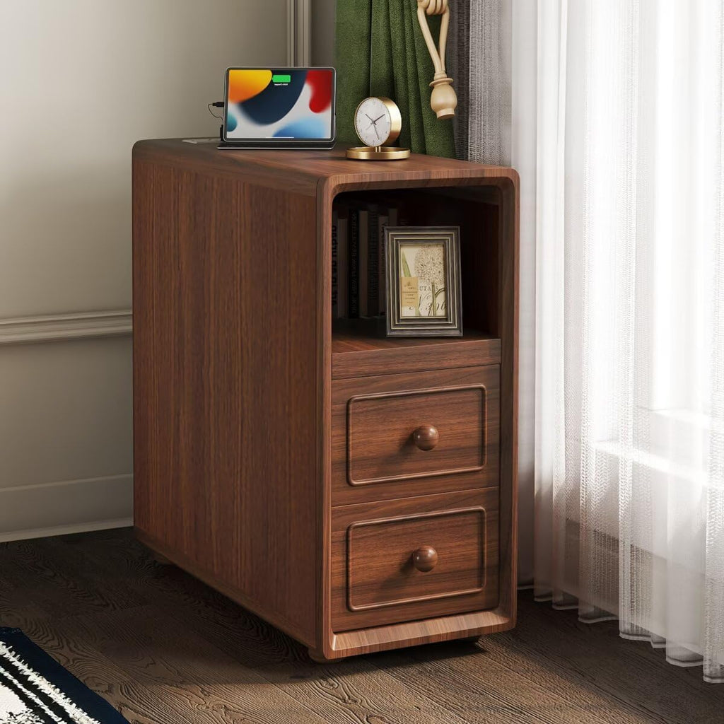 JIJIWANG Tall End Table with Drawers, 47.2' Corner Shelf Table with Open Storage, Narrow Side Table for Bedroom Living Room Small Space, Walnut