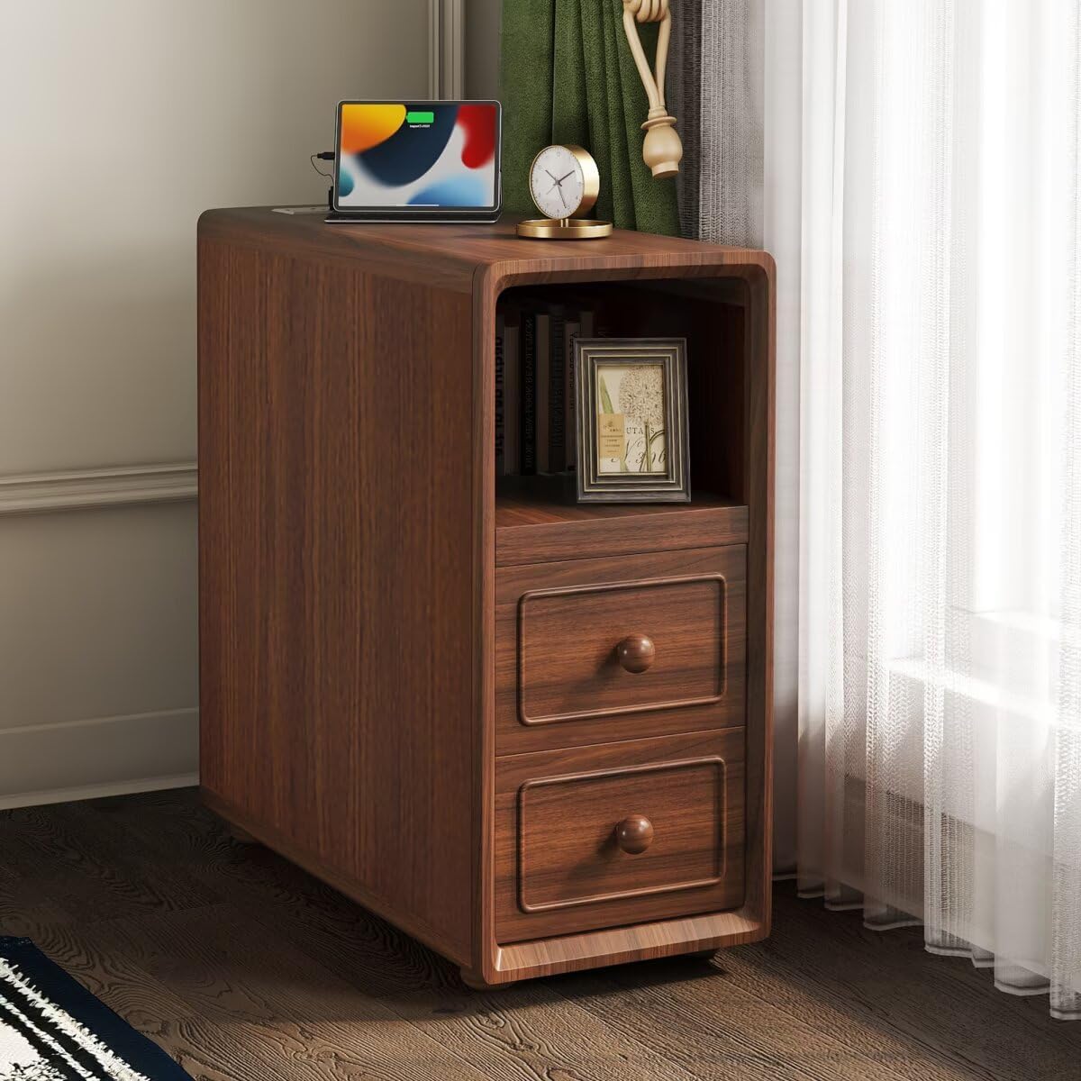 JIJIWANG Tall End Table with Drawers, 47.2' Corner Shelf Table with Open Storage, Narrow Side Table for Bedroom Living Room Small Space, Walnut