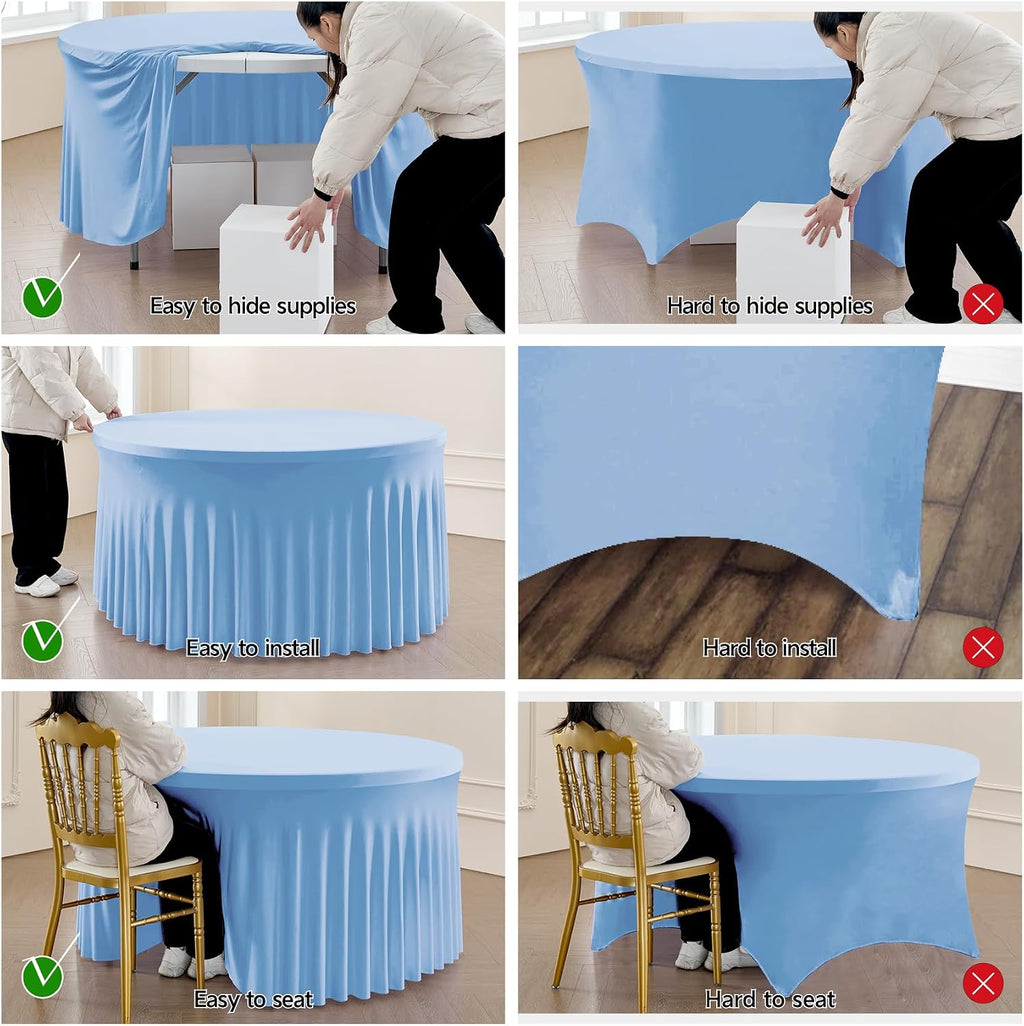 leegleri 6 Pack Baby Blue Spandex Round Tablecloths for 60 inch Table, Stretchy 120inch Fitted 5FT Round Table Cloths, Wrinkle Free Table Cover with Skirt for Wedding Party Dining Banquet