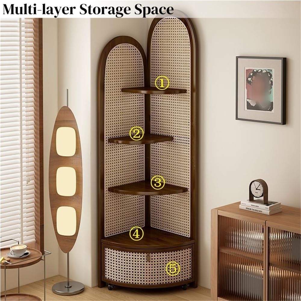 5 Tier Corner Shelf with Pulley, Rattan Bookshelf, Standing Shelf Organizer with Storage Basket, Minimalist Corner Display for Living Room, Bedroom, Office(Black)