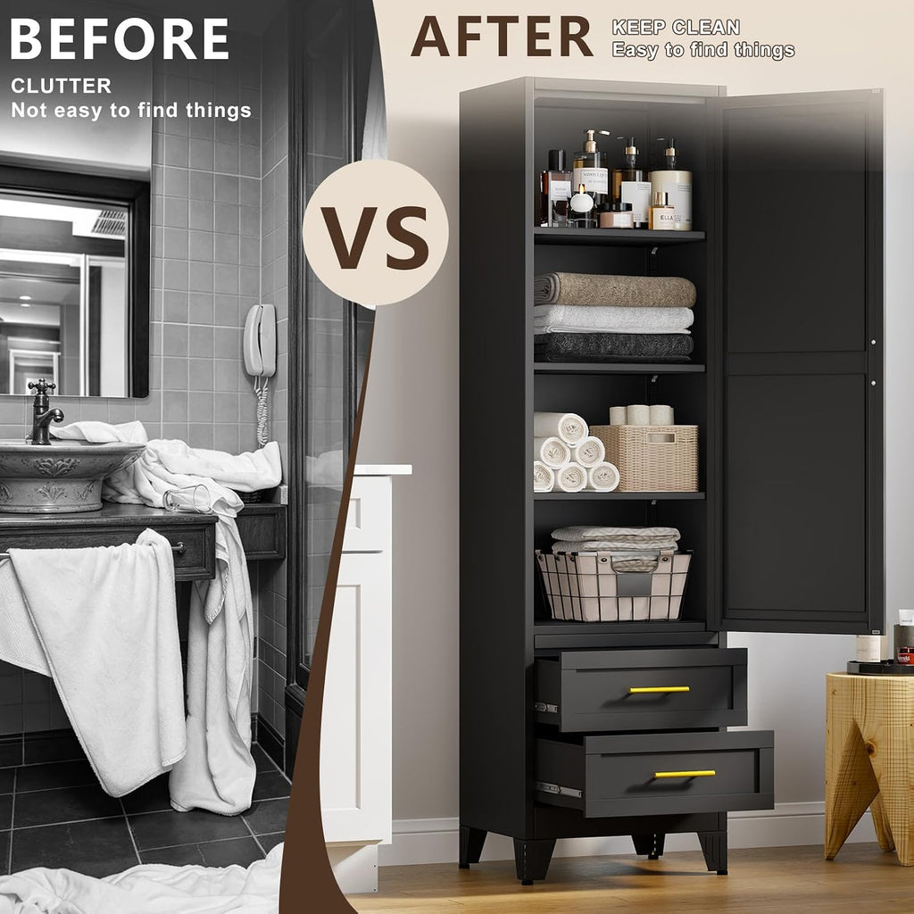 67' Tall Narrow Metal Storage Cabinet, Freestanding Pantry Organizer, Black | Slim Bathroom Cabinets with 2 Drawers & 3 Adjustable Shelves, Multi-Use Cupboard for Kitchen Office Living＆ Dining Room