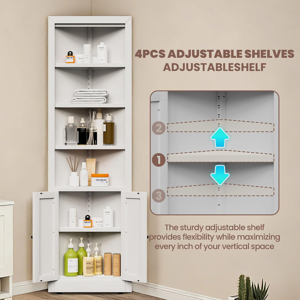 Metal Pantry Storage Cabinet with 4 Adjustable Shelves, 71' Tall Corner Cabinet for Bathroom, Corner Shelf Cabinet for Kitchen, Dining Room, Living Room, Assembly Required(White)