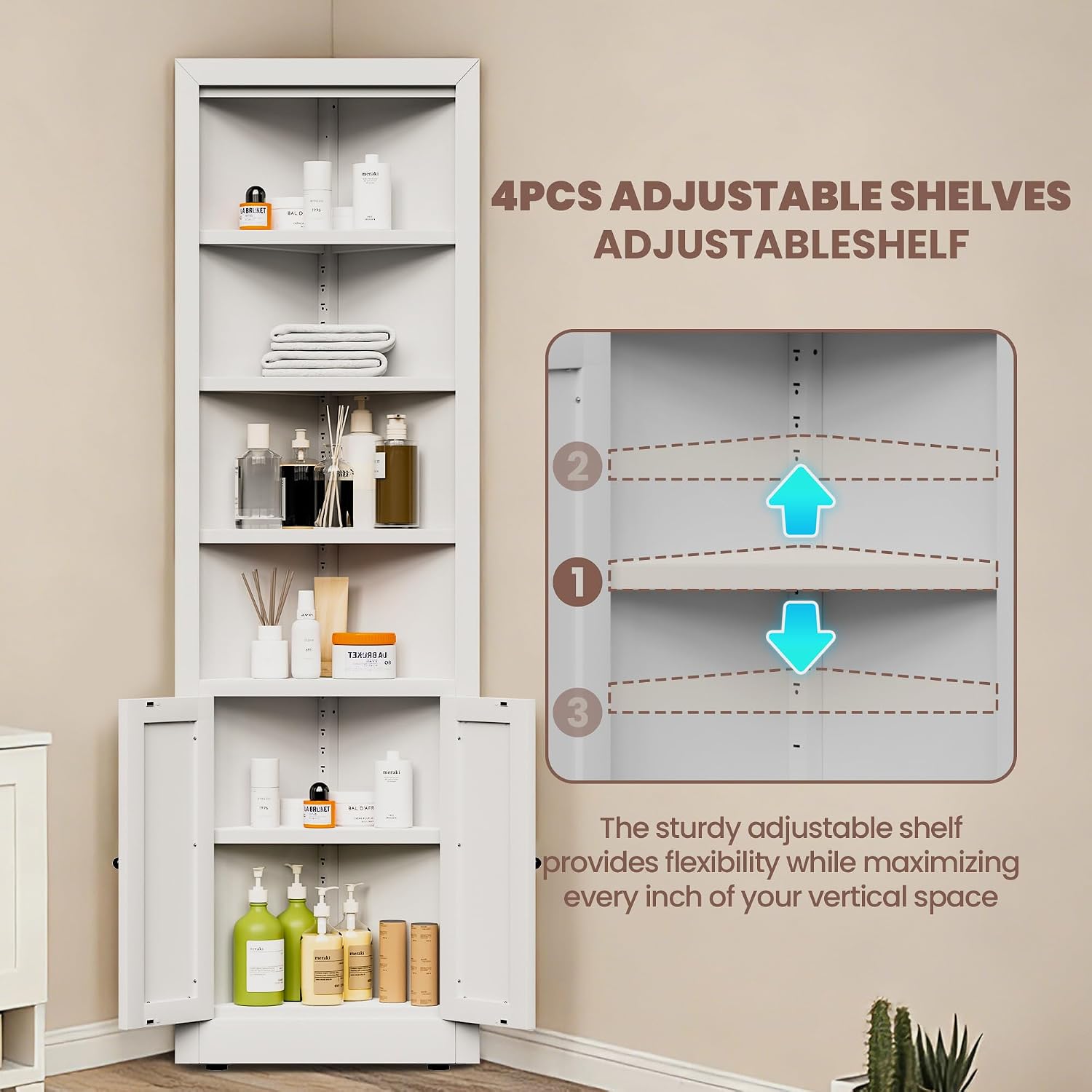 Metal Pantry Storage Cabinet with 4 Adjustable Shelves, 71' Tall Corner Cabinet for Bathroom, Corner Shelf Cabinet for Kitchen, Dining Room, Living Room, Assembly Required(White)