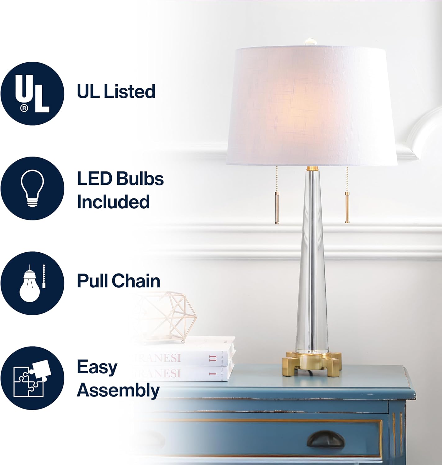 JONATHAN Y 29.5' Clear/Brass Gold 2-Light Crystal LED Table Lamp, Contemporary Glam Bedside Lamp for Living Room, White Linen Drum Shade, Pull Chain, LED Bulbs Included JYL2018A