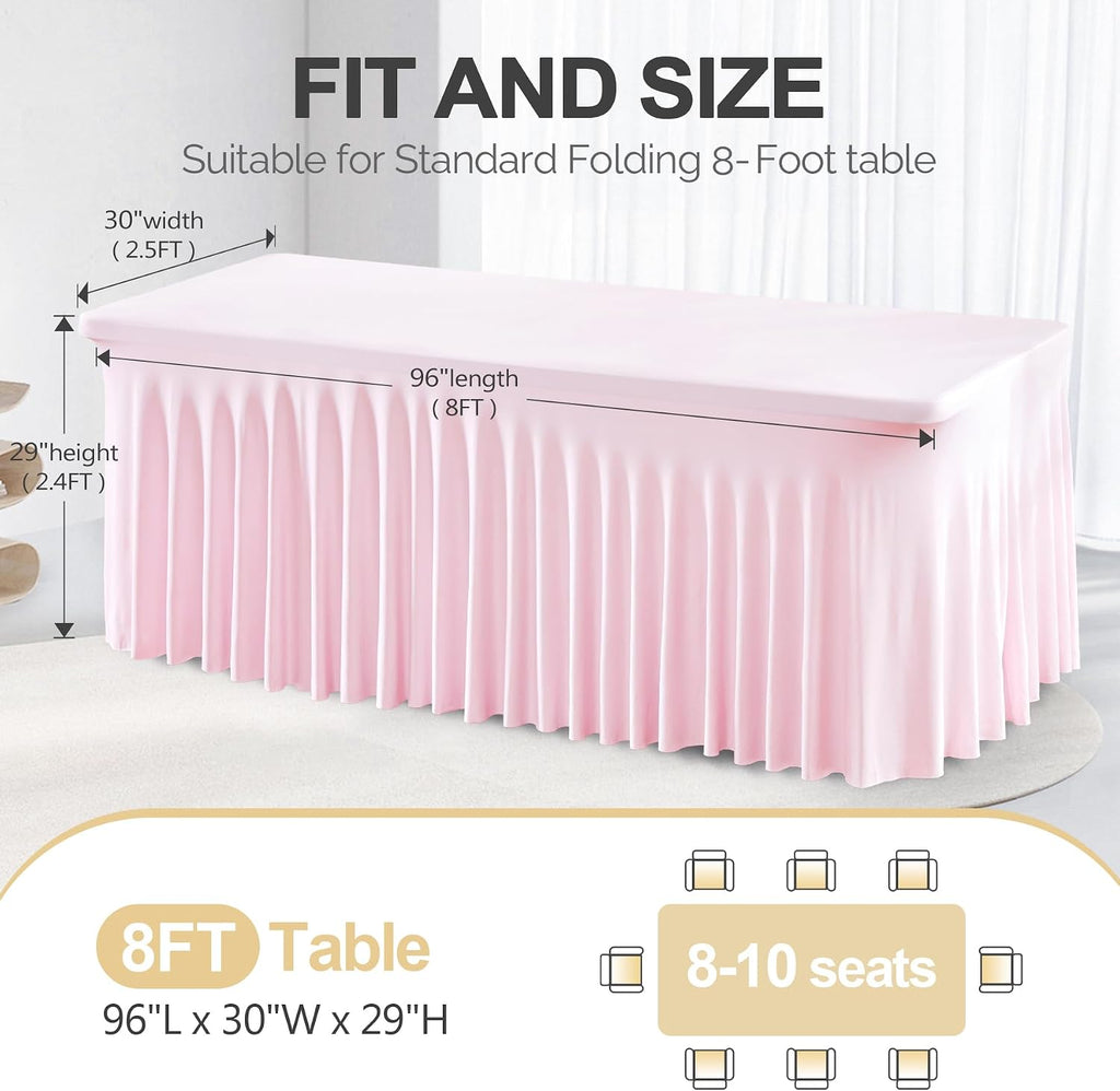 PARTISKY 6 Pack Pink Table Cover for Rectangle Tables 8ft,One-Piece Spandex Elastic Table Cloth with Skirt for Wedding Folding Table Banquet Baby Shower & Birthday Parties