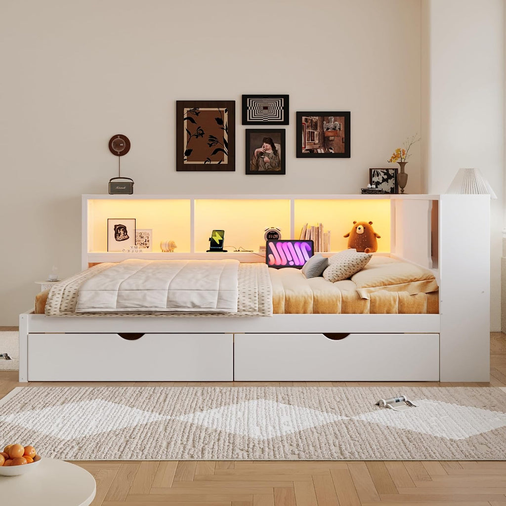 SOFTSEA Queen Size Daybed with LED Lights and 2 Drawers, L-Shaped Corner Bed Frame with Bookcase and Storage Shelves, White