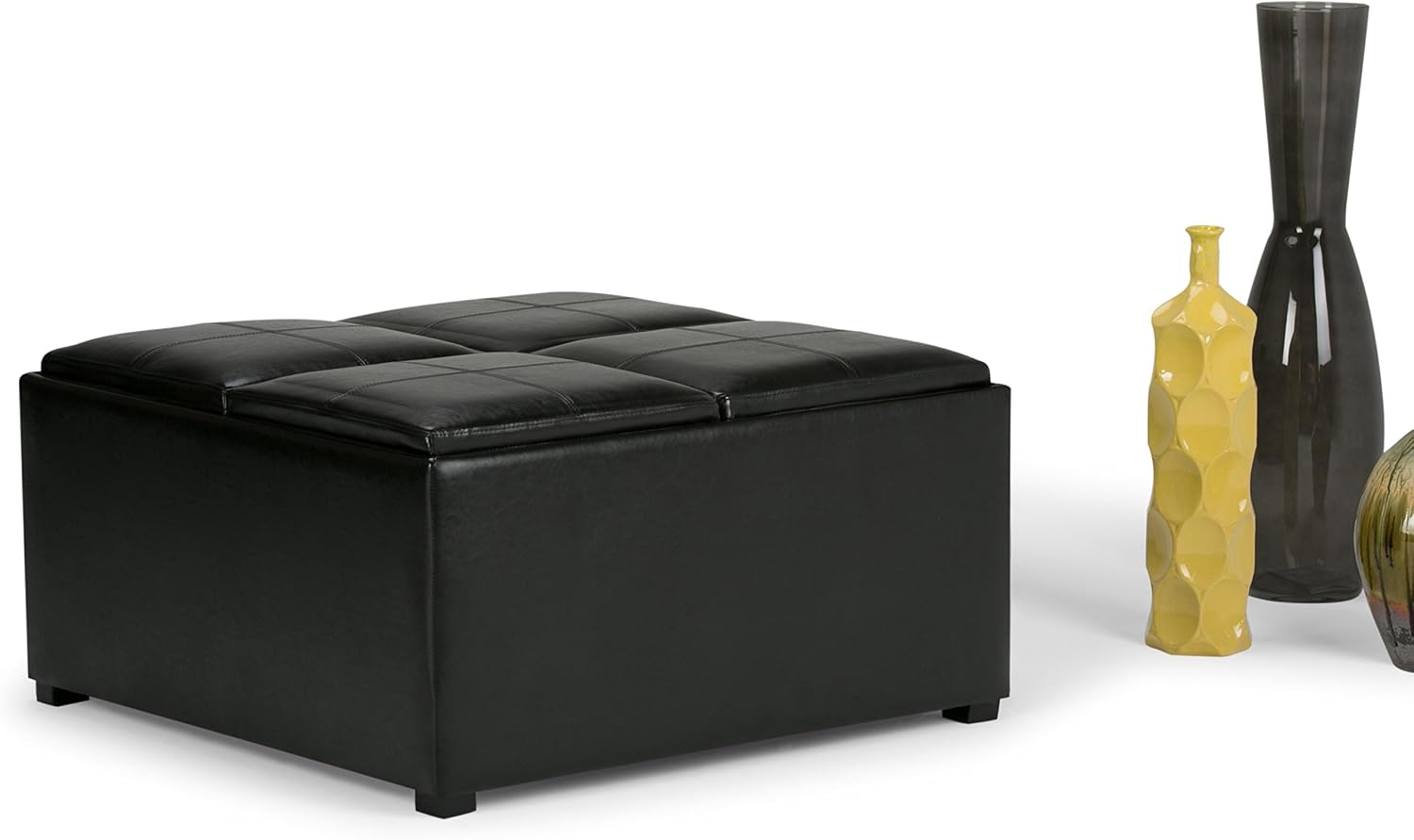 SIMPLIHOME Avalon Wide Contemporary Square Coffee Table Storage Ottoman, Midnight Black, Table Ottoman