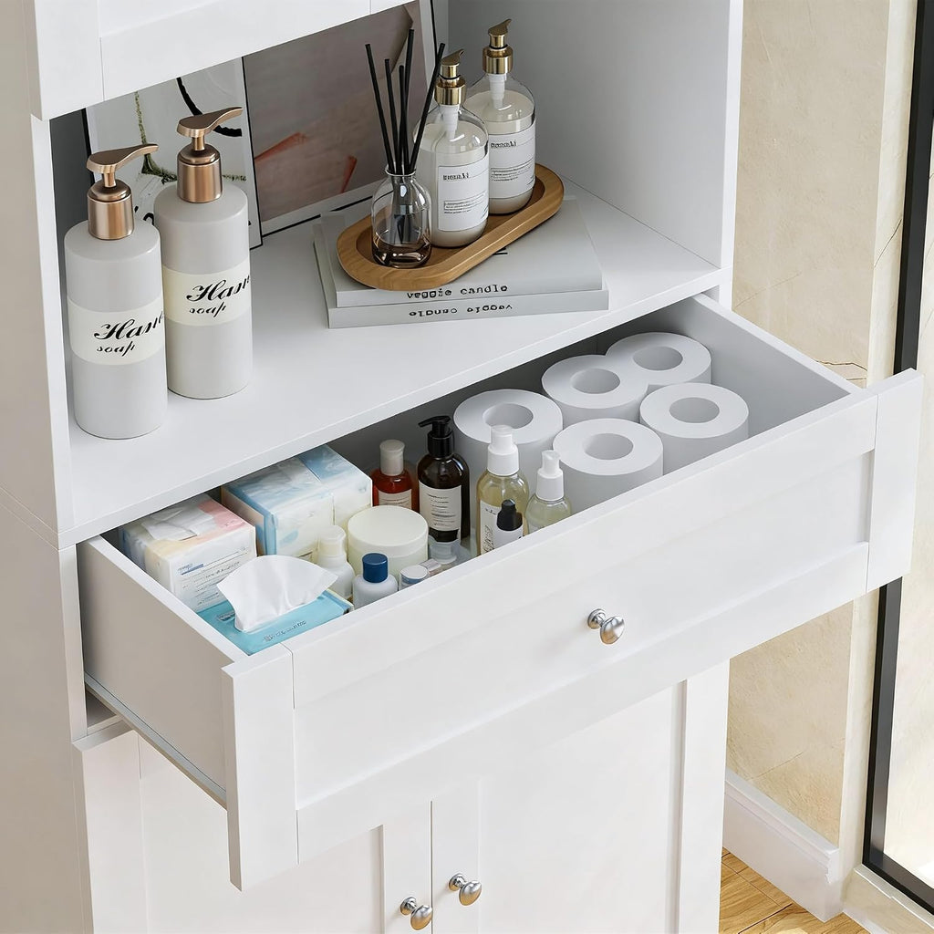 Tall Bathroom Storage Cabinets with Drawer, Modern Linen Cabinet with Doors & Shelves, 67'H Tall Storage Cabinet Freestanding for Bathroom, Dining Room, Kitchen & Pantry, Laundry, Narrow Corner, White