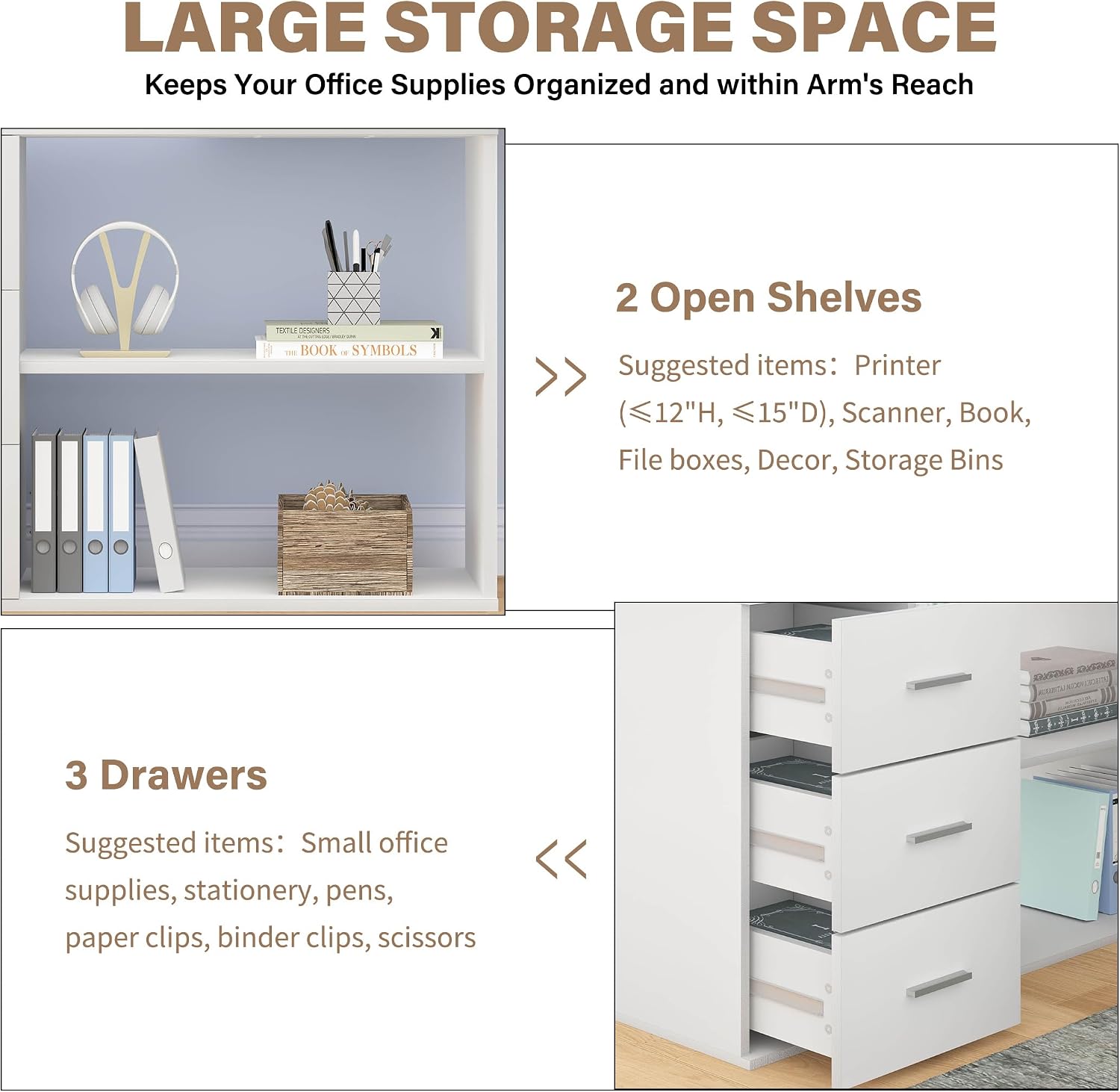 HSH L Shaped Office Desk with Drawers Shelves 55-76 Inch, Corner Computer Desk with Storage 360 Rotating Long for Work, Executive, Study, Writing, Teacher, Bedroom Modern Gaming Table White