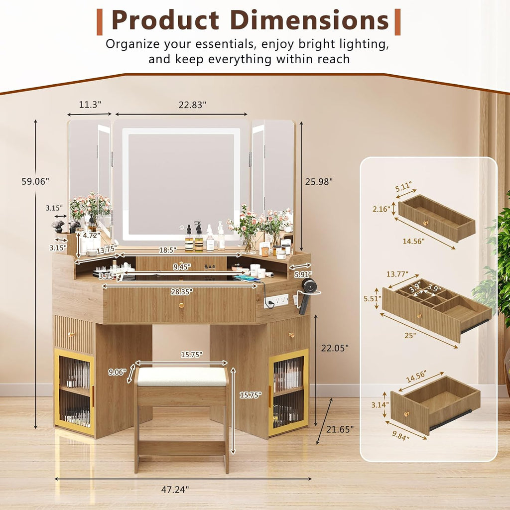 Corner Vanity Desk with 3-Way Mirror and Lights, Makeup Vanity Table with Large Drawer & Cabinets, Wooden Dresser for Bedroom with Glass Top, Power Outlet, Hair Dryer Holder & Stool (Wood)