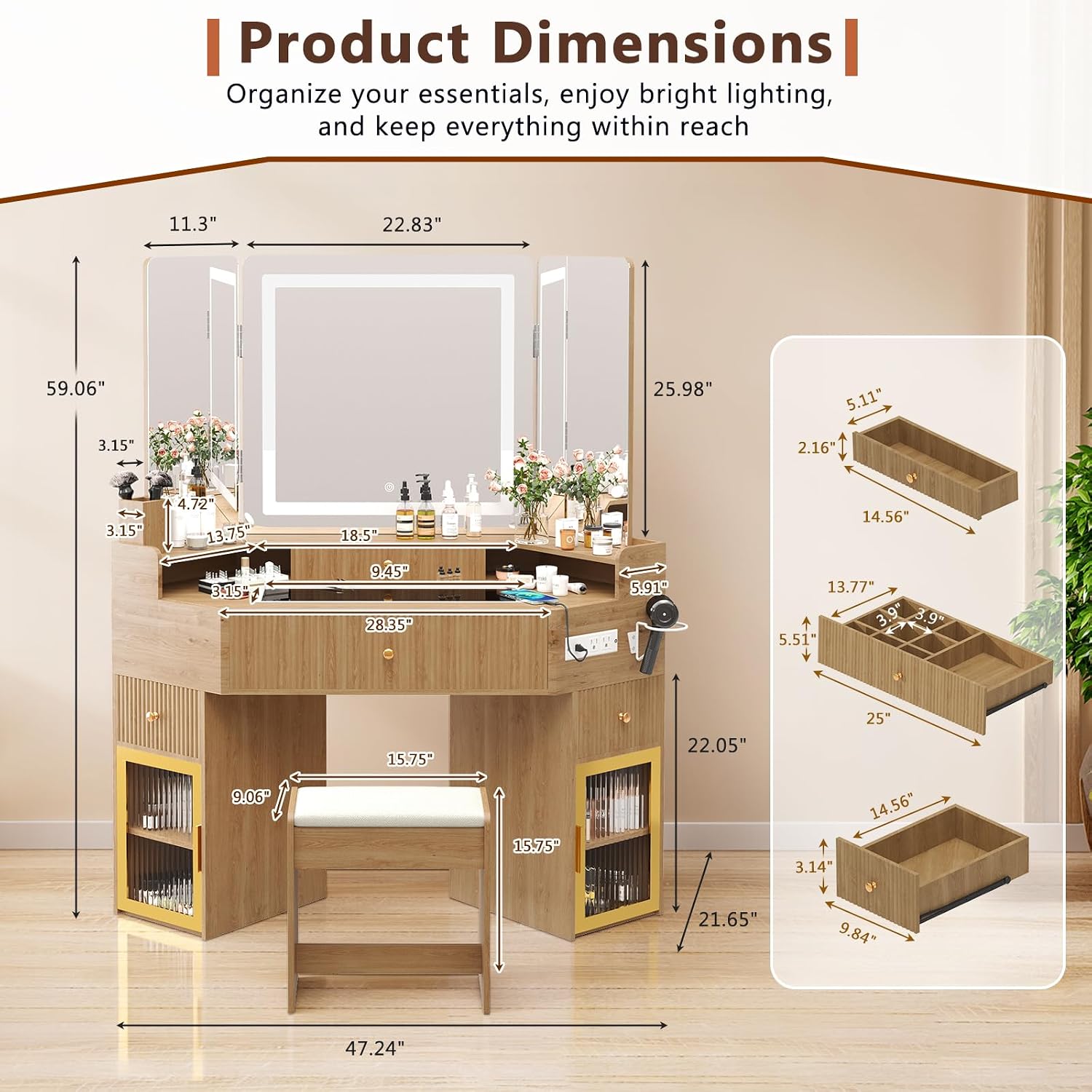 Corner Vanity Desk with 3-Way Mirror and Lights, Makeup Vanity Table with Large Drawer & Cabinets, Wooden Dresser for Bedroom with Glass Top, Power Outlet, Hair Dryer Holder & Stool (Wood)