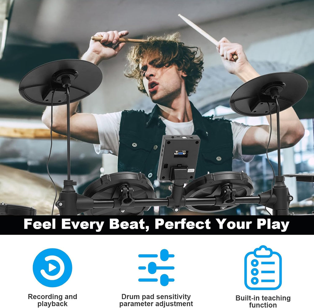RVONE Electric Drum Set with Kick Hammer Pedal, Electronic Drum Kit for Kids Adult Beginner with 150 Sounds, 10' Cymbals, 4 Quiet Mesh Pads, all-in-one drum set with Throne, Headphones, Sticks