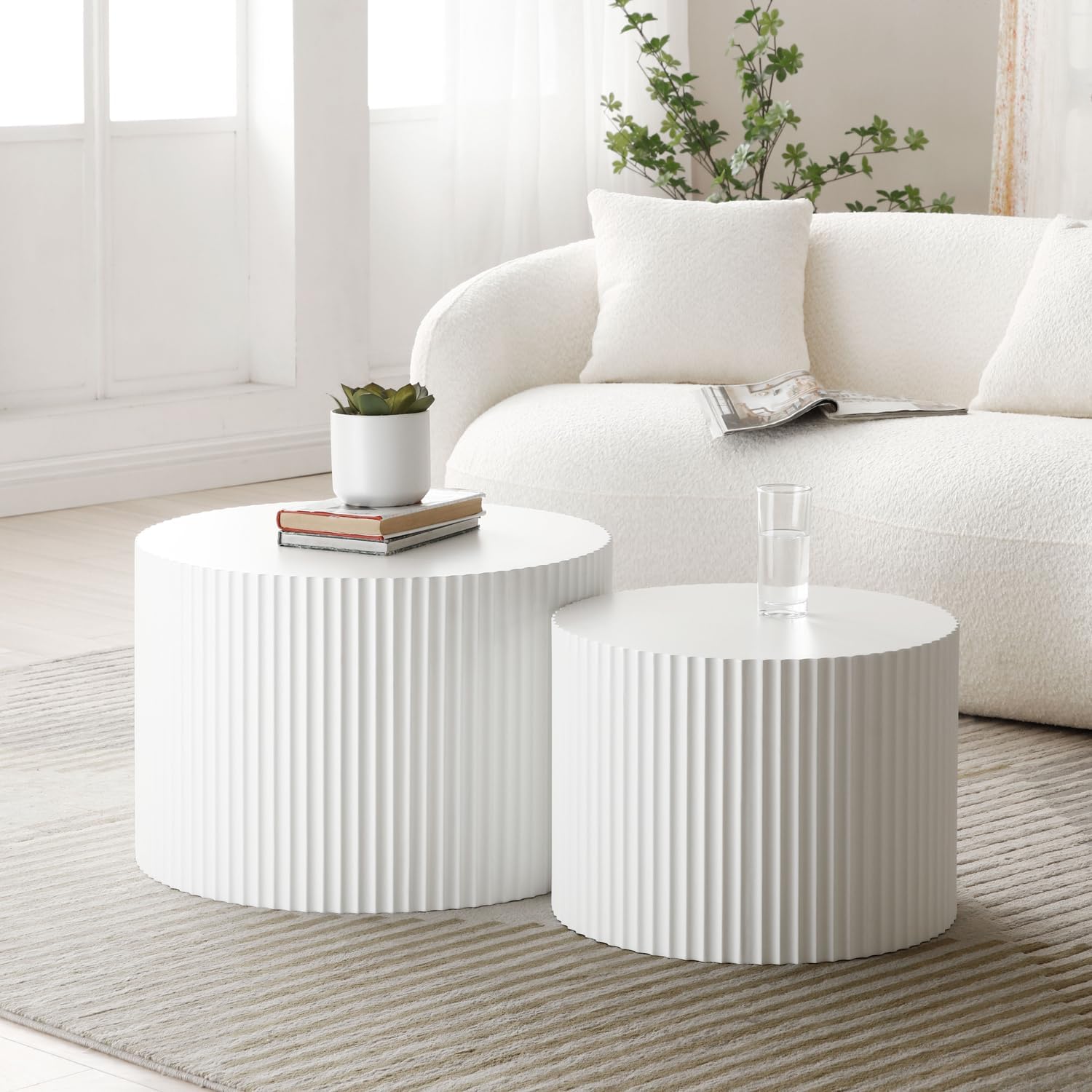 JUSTONE 2-Piece Nesting Coffee Tables Set - Modern Drum End Tables for Small Spaces, White Round Accent Furniture for Living Room & Apartments (15.75' H)