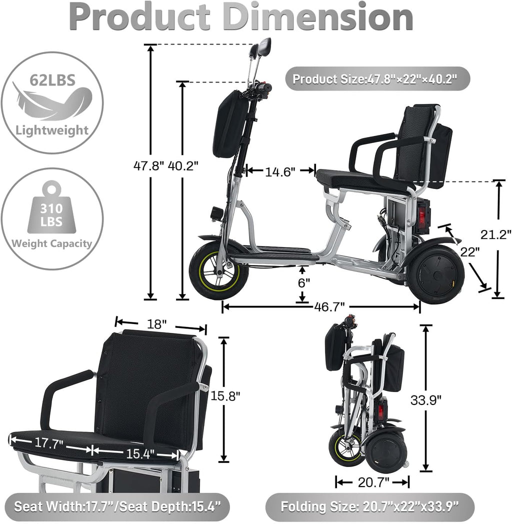 3-Wheel Folding Mobility Scooter Foldable Lightweight Electric Scooter for Adults & Seniors, Detachable Lithium Battery, Long Range 28 Miles, 3-Speed, with Turn Signal & Rearview Mirror (Silver)