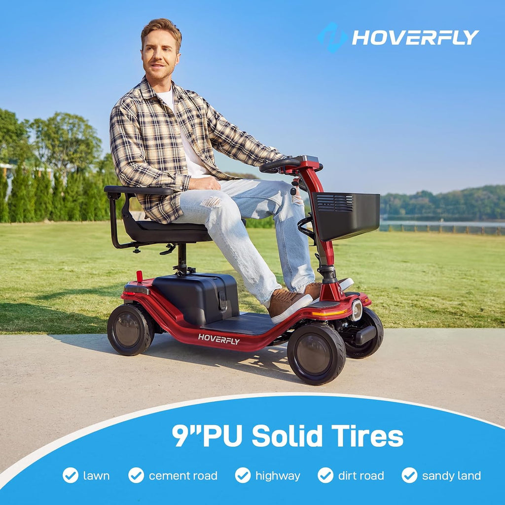 Hoverfly T5 Mobility Scooter for Seniors, Max 16.8-Mile Range & 5 mph, 3-Position Seat & Anti-slip Rear Wheel, Removed Battery & Quick Fold Design, Solid 9' Tire &330 lb Capacity, Ease of Assembly Red