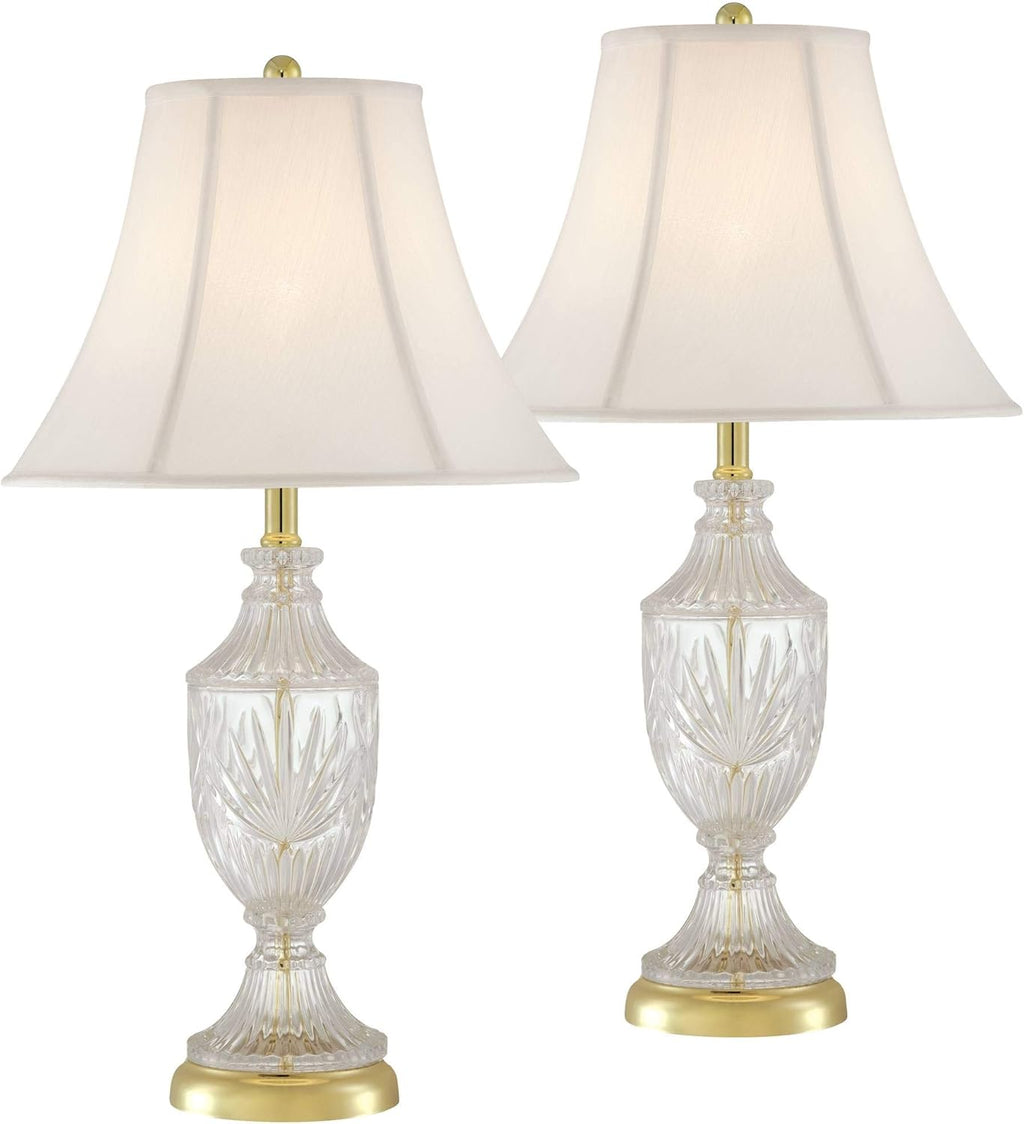 Regency Hill Traditional Glam Luxury Table Lamps 26.5' High Set of 2 Clear Glass Urn Brass Gold Metal White Cream Bell Shade Decor for Living Room Bedroom House Bedside Nightstand Home