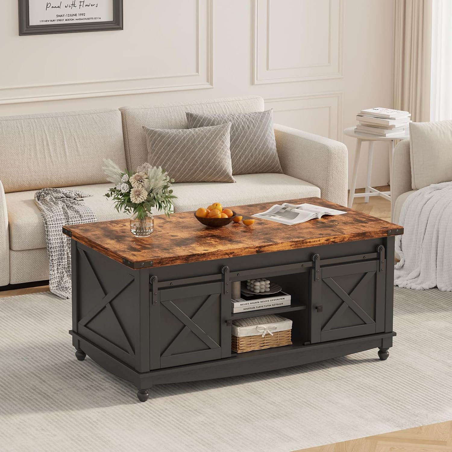 ALLSTAND 48' Farmhouse Lift Top Coffee Table with Storage Sliding Barn Door & Large Hidden Compartment, Coffee Table with Lifting Top with Wooden Lift Tabletop, Coffee Tables for Living Room, Black