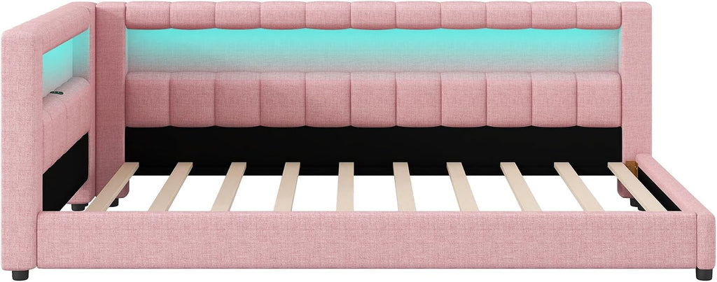 Upholstered Twin XL Size Daybed with LED and USB Ports, L-Shaped Corner Day Bed with Storage Shelves Headboard,Space Saving for Girls Adults Kids Boys, Pink