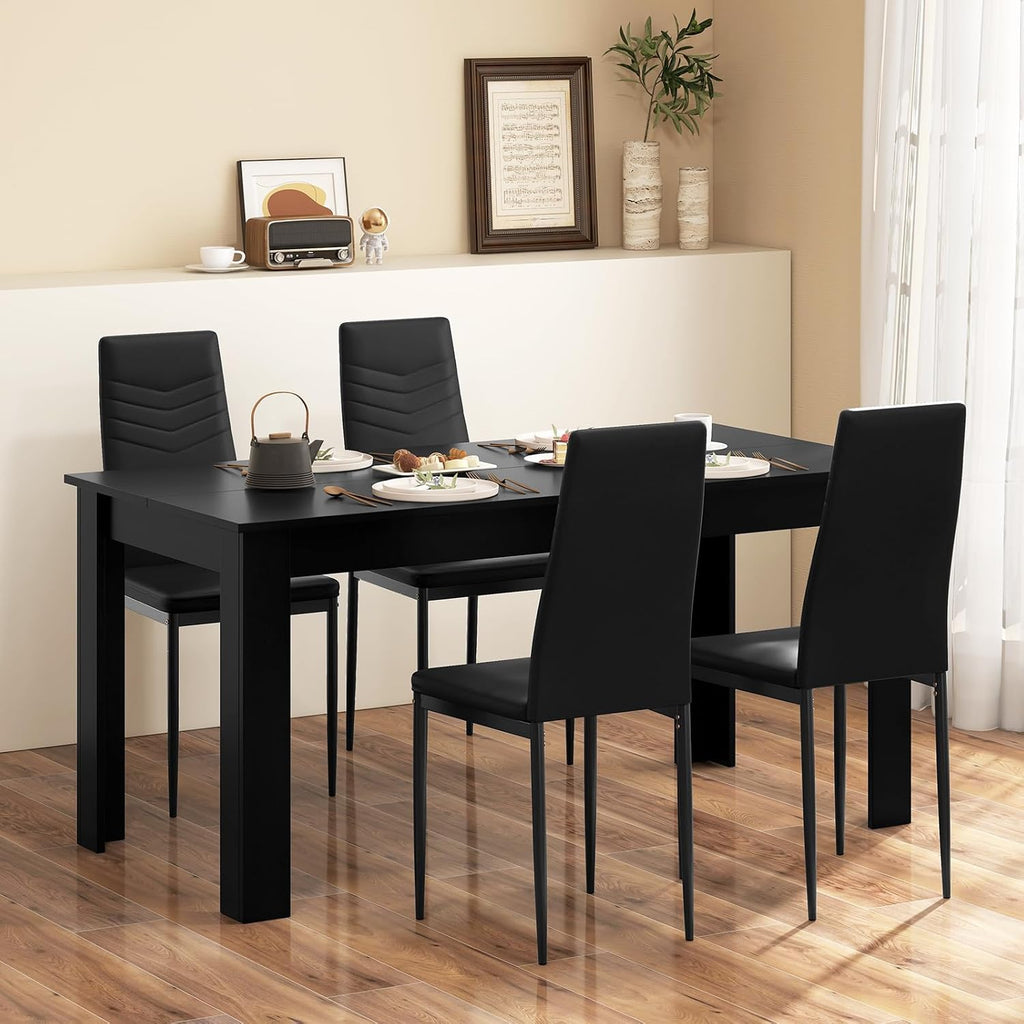 Giantex Dining Table Set for 4-6, Modern Rectangular Kitchen Table with 4 PVC Leather Dining Chairs, 330Lbs Space-Saving Dinette Set for Breakfast Nook, Kitchen, Restaurant, Cafe, Black (5-Pieces)