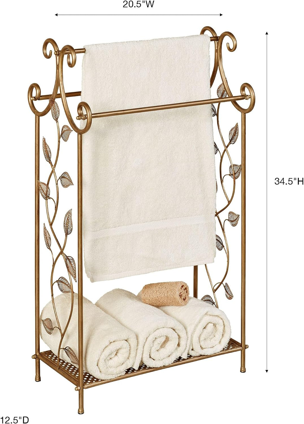 Touch of Class Eden Towel Rack Stand, Champagne Bronze | Metal, Freestanding Bathroom Towel Holder, Three Bar Storage, Nature Inspired Leaf Design, Powder Coated