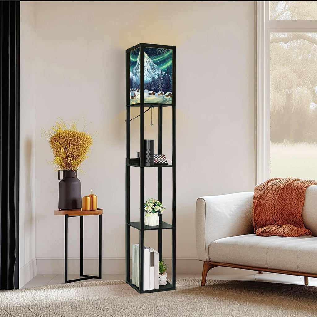 Floor Lamp with Shelves Woodcut Winter Capped Mountain Coniferous Forest Standing Tall Lamp USB Ports & Power Outlet Modern Corner Lamp Nightstand Light for Living Room Bedroom