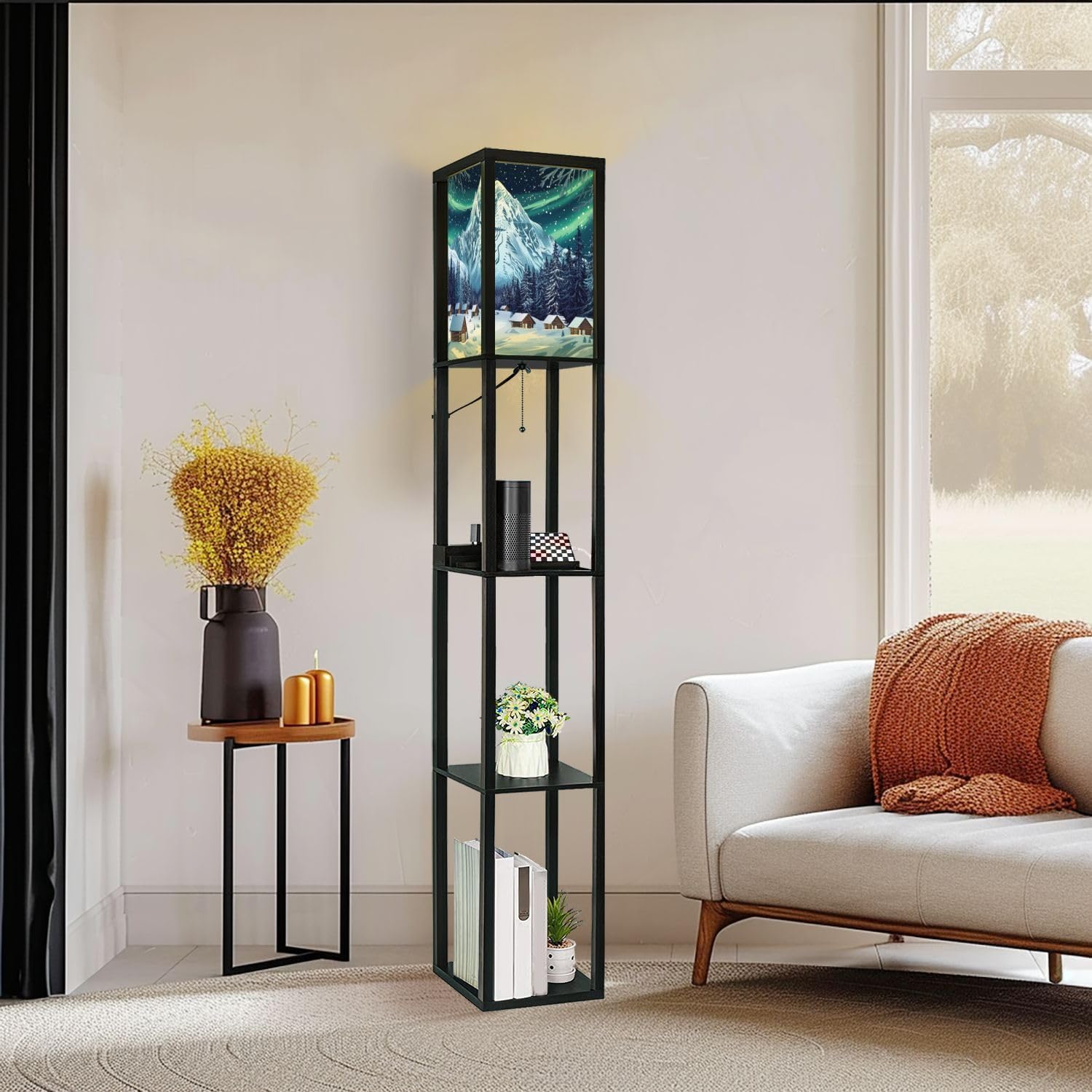 Floor Lamp with Shelves Woodcut Winter Capped Mountain Coniferous Forest Standing Tall Lamp USB Ports & Power Outlet Modern Corner Lamp Nightstand Light for Living Room Bedroom