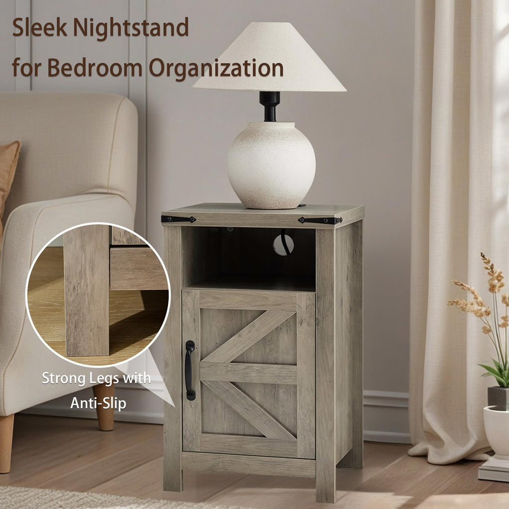Farmhouse Nightstand Set of 2 with Charging Station, Modern Bedside Table with Barn Door and Shelf, Sofa Side Table End Table for Bedroom, Living Room, Grey