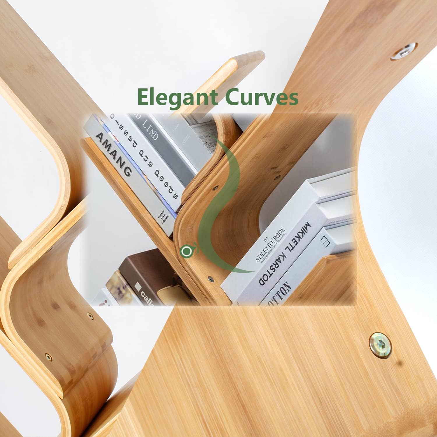 5-Tier Floor Bamboo Tree Bookshelf, Modern Standing Bookcase Office Book Storage Creative Curved Rack Organizer Shelves, Book Shelf Space Saver for Home Living Room Corner Bedroom