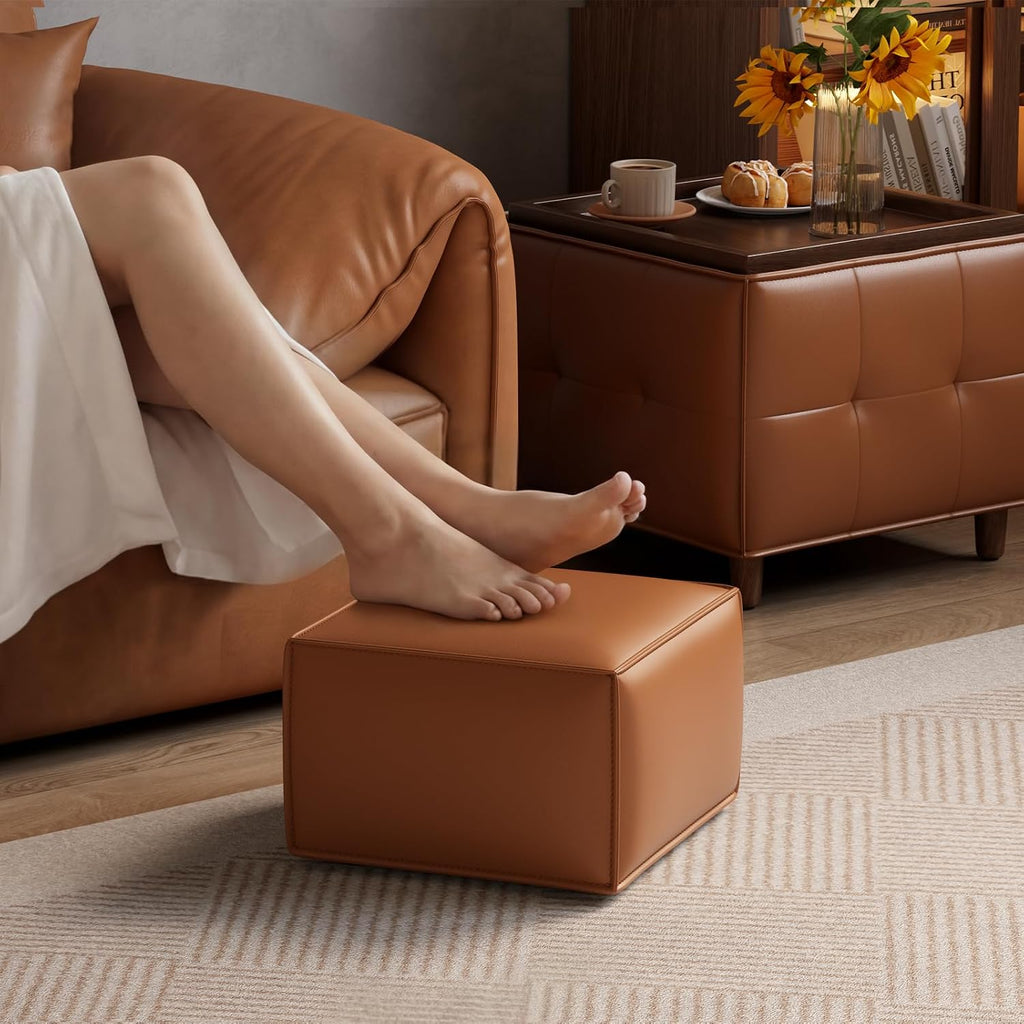 Square Ottoman with Storage Set of 2, Leather Coffee Table Ottoman, Multifunctional Foot Rest Stool with Storage for Living Room & Bedroom