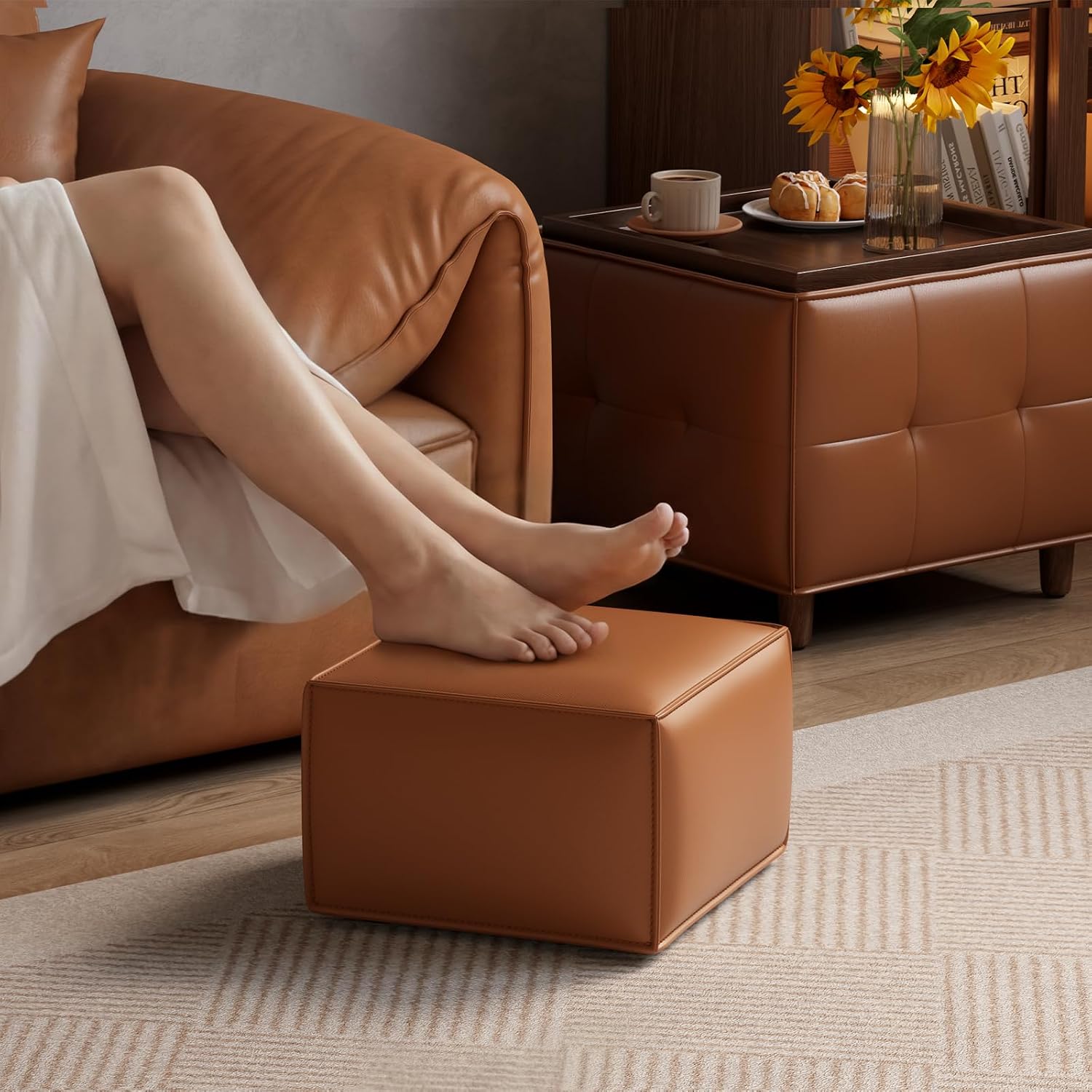 Square Ottoman with Storage Set of 2, Leather Coffee Table Ottoman, Multifunctional Foot Rest Stool with Storage for Living Room & Bedroom