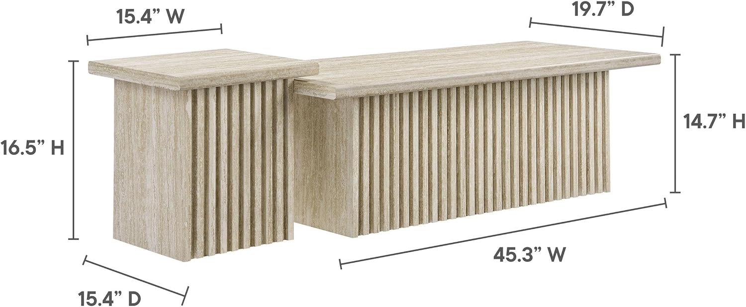 Modway Render Faux Travertine Slatted Nesting Coffee Table Set in Travertine - 2 Piece Low Profile Coffee Table Mid Century Modern - Abstract Coffee Tables for Living Room - Nested Accent Tables