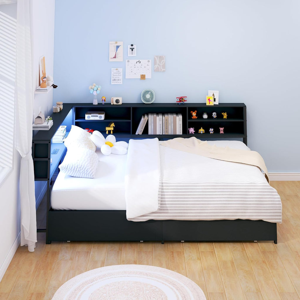 Ball & Cast Full Size Daybed with Bookcase Storage and Charging Station,Corner Bed Frame W/Storage Drawers,Full Metal Daybed W/LED Lights,Bedroom Furniture for Apartment,Guest Room,Living Room,Black
