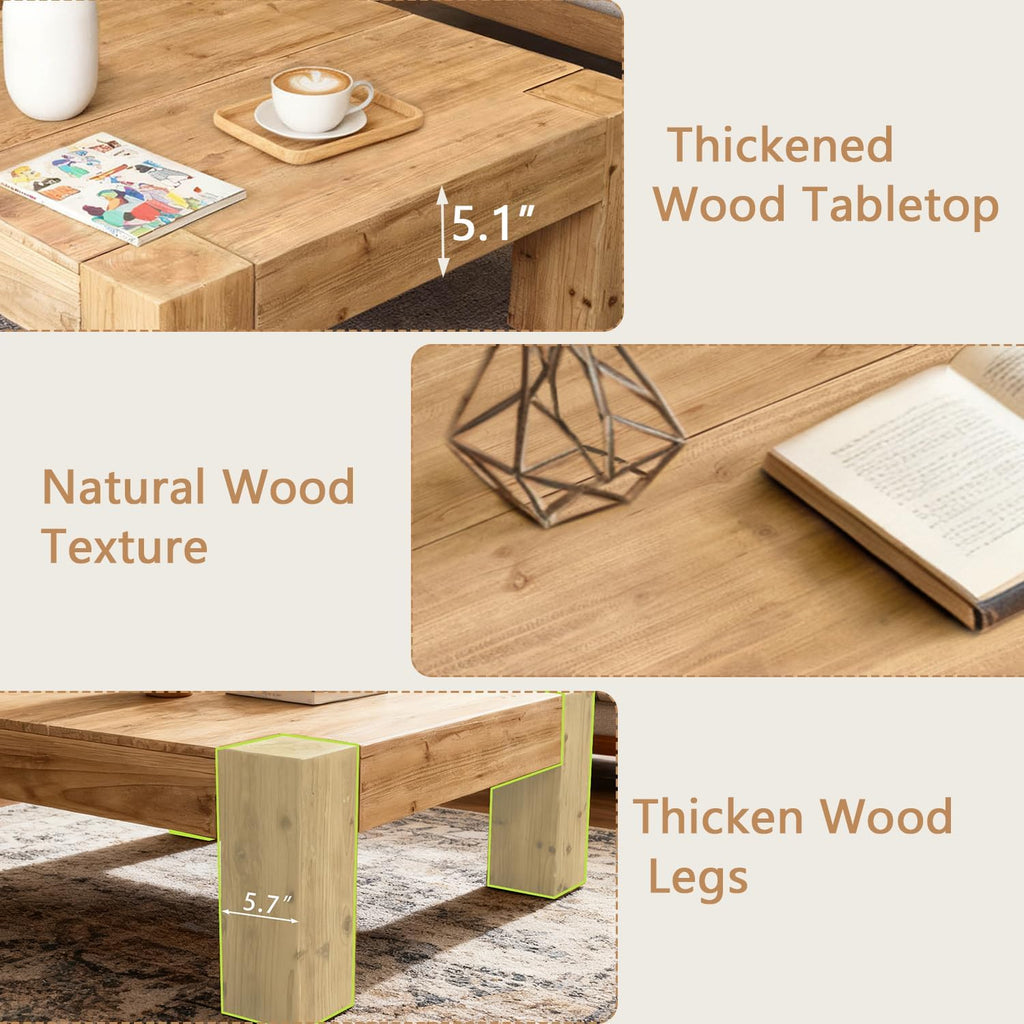SSLine Solid Wood Coffee Table 39.4-Inch Square Coffee Table for Living Room,Farmhouse Cocktail Center Tables with Thicken Top and Sturdy Legs,Natural Brown