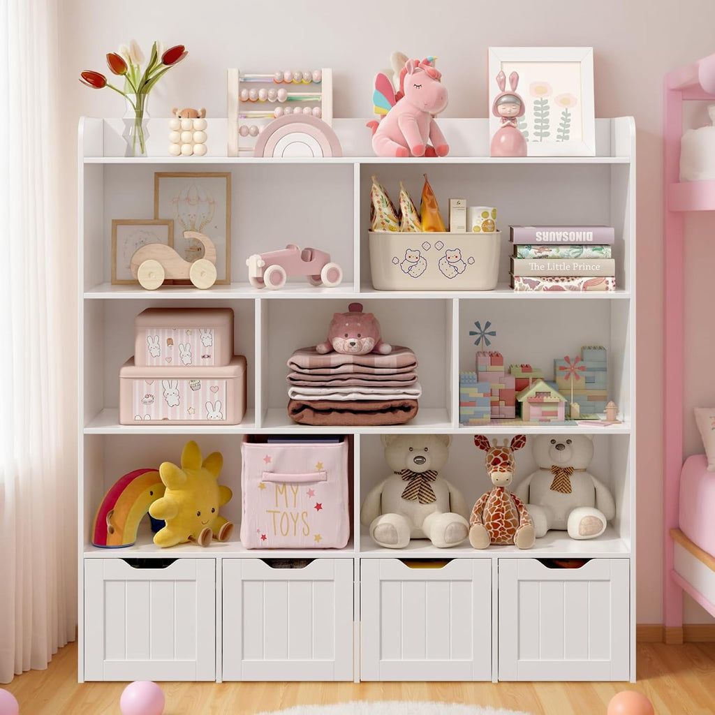 Gizoon Toy Storage Cabinet and Kids Bookcase with 4 Movable Drawers and 8 Open Shelves Toy Chest Shelf Organizer with Hidden Wheels for Playroom Nursery Kids Room, White, Painted