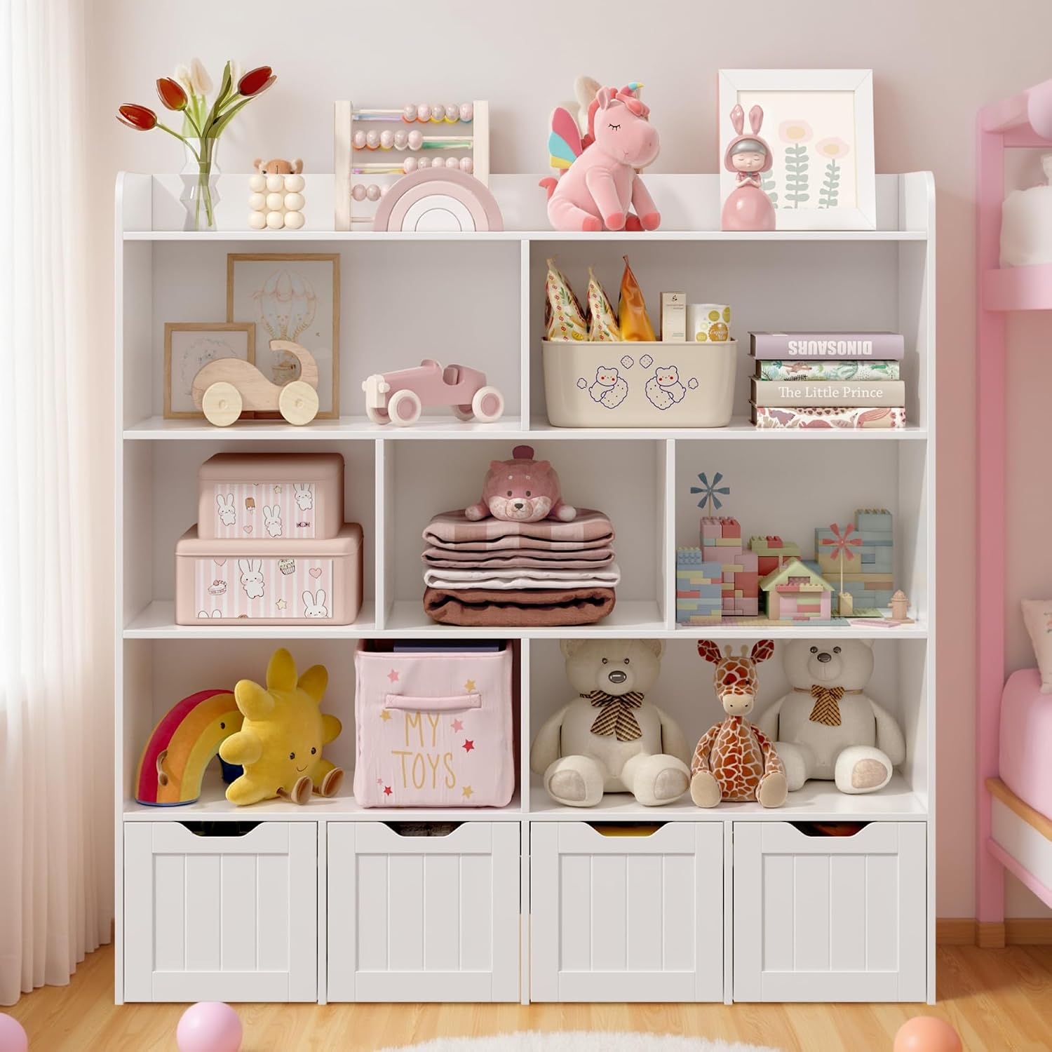 Gizoon Toy Storage Cabinet and Kids Bookcase with 4 Movable Drawers and 8 Open Shelves Toy Chest Shelf Organizer with Hidden Wheels for Playroom Nursery Kids Room, White, Painted