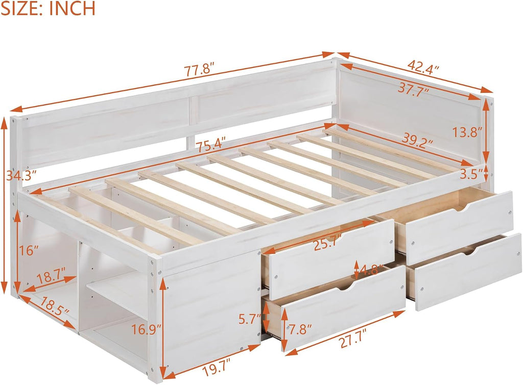 Twin Size White Daybed with Storage Drawers and Shelves,Wooden L-Shaped Corner Day Bed with Headboard & Bookcase for Boys,Girls,Small Room, Guest Room, kids'Room