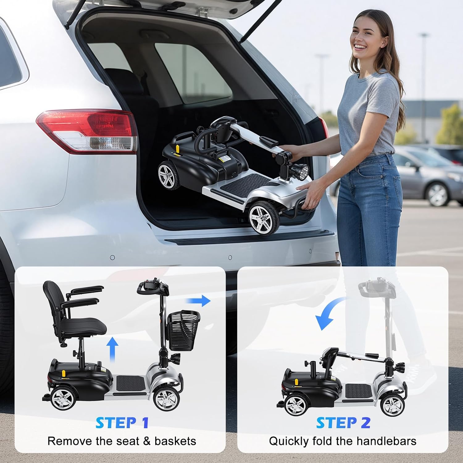4 Wheel Mobility Scooter for Adults & Seniors, Lightweight Foldable Electric Powered Wheelc 5 MPH & 7.5 Miles Range, 265lbs Capacity, Portable Travel Scooter with Basket & LED Light US