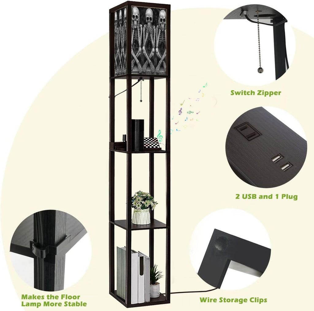 Floor Lamp with Shelves Skeletons Funny Hear no Evil Standing Tall Lamp USB Ports & Power Outlet Modern Corner Lamp Nightstand Light for Living Room Bedroom