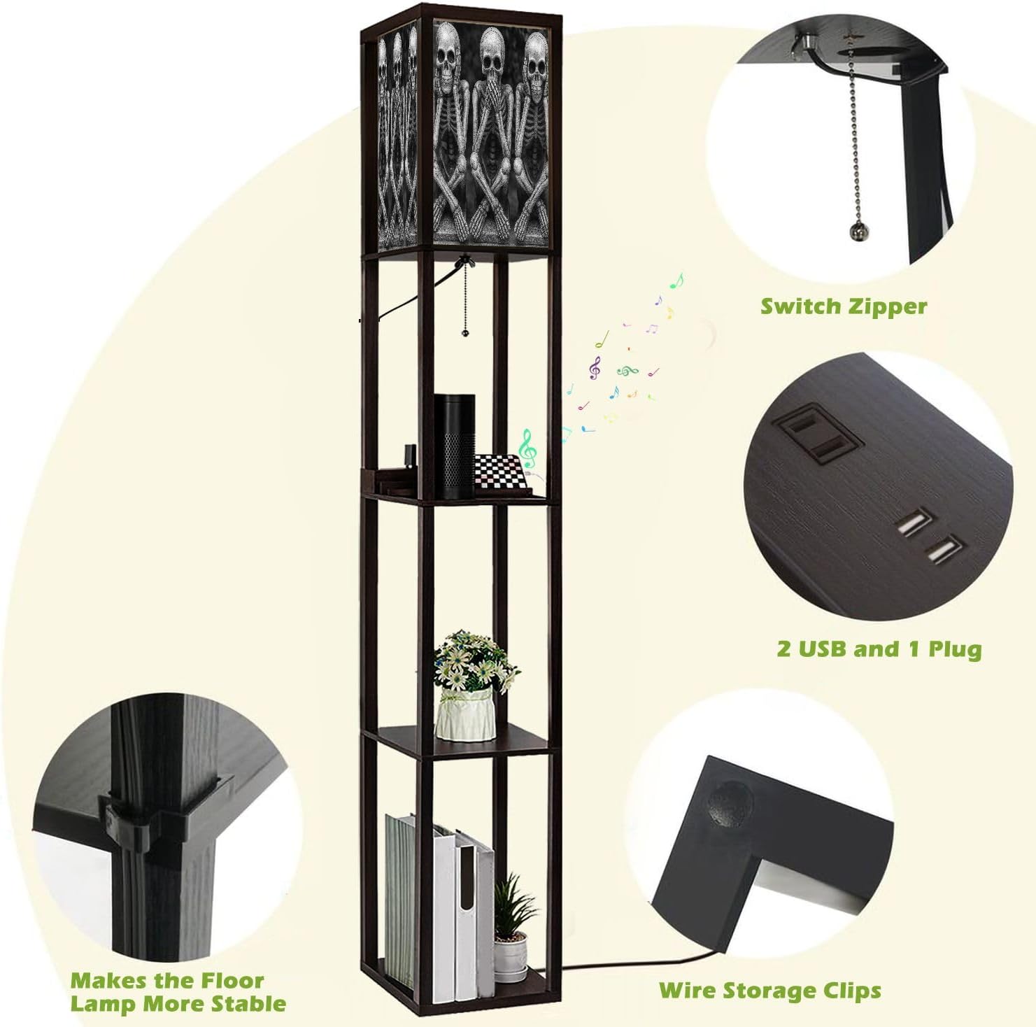 Floor Lamp with Shelves Skeletons Funny Hear no Evil Standing Tall Lamp USB Ports & Power Outlet Modern Corner Lamp Nightstand Light for Living Room Bedroom