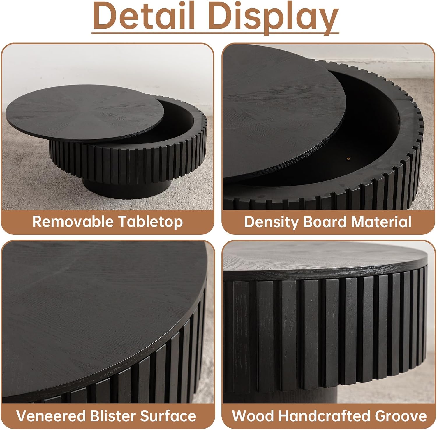 Round Coffee Table with Storage for Living Room Modern Black Fluted Drum Coffee Table 31.4 inch Low Round Storage Coffee Tables for Living Room (Black A, 31.4')
