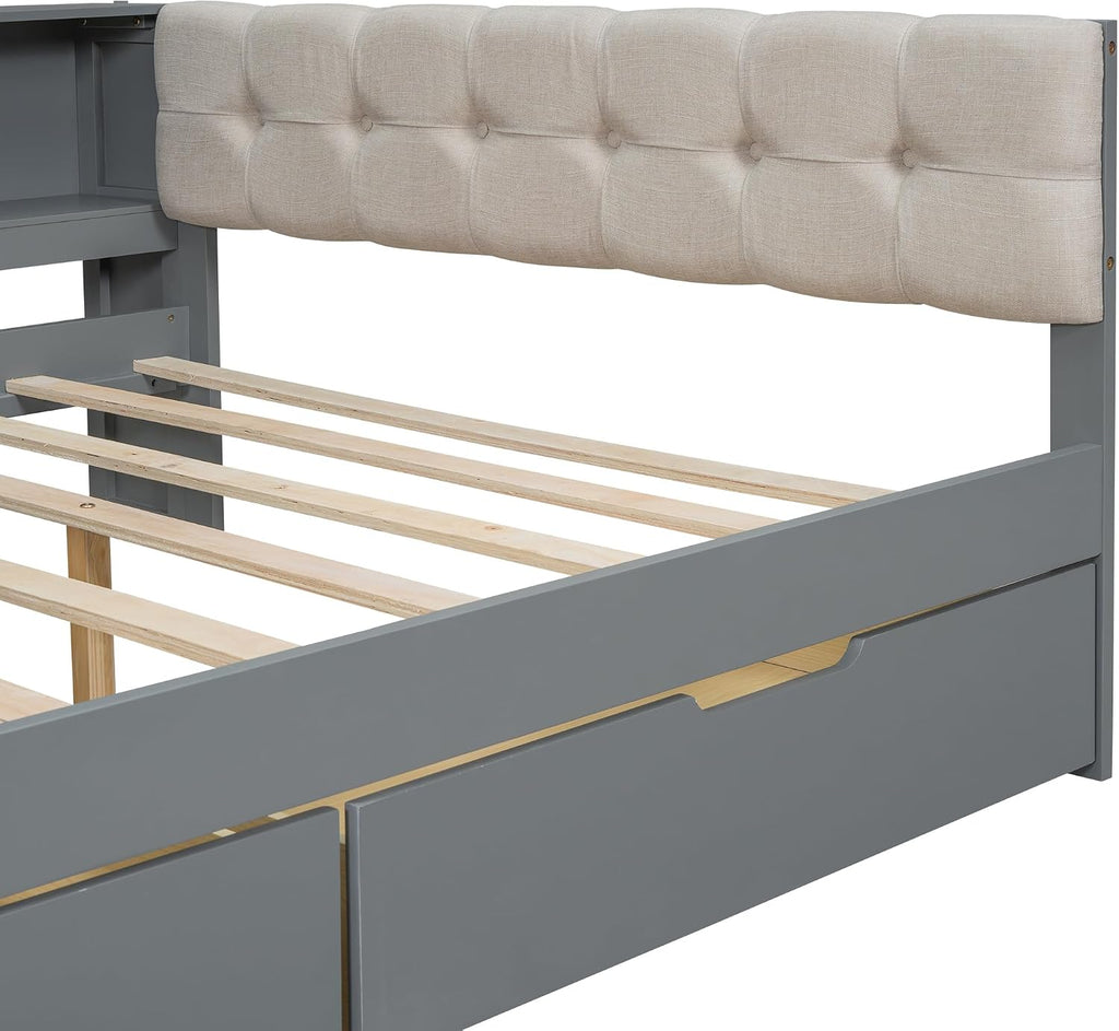 Bellemave Full Size Corner Bed Frame with Storage Drawers and Desk,Captain Daybed with L-Shaped Bookcase,Corner Bed Frame Full Size with Charging Station for Kids,Teens,Guests,Gray